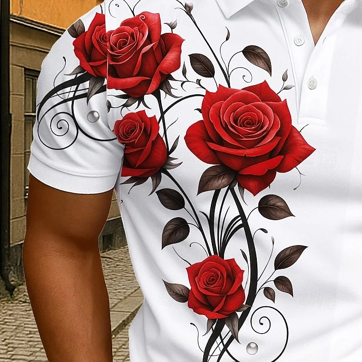 New Elegant Red Rose Floral Polo Shirt For Men 3D Print Vine Pattern Short Sleeve Turn Down Collar Casual Business Golf Shirt