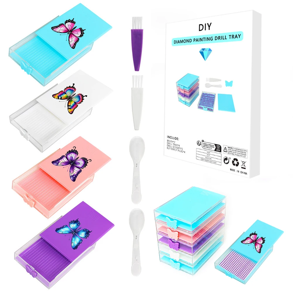 

4Pcs Diamond Painting Tray 5D DIY Drills Plate with Lid Diamond Painting Beads Sorting Tray with Sppon & Brush for Art Crafts