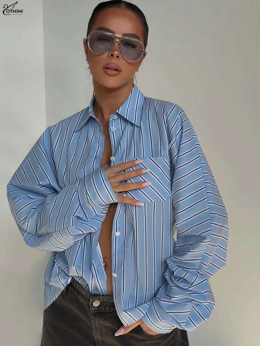 Oymimi Fashion Blue Print Women's Shirt Elegant Long Sleeve Single Breasted Shirts Casual Slim Pockets Shirts Female Clothing