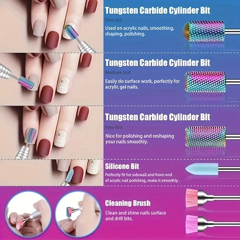 11개 네일 드릴 비트 세트 3/32" 초경 네일 파일 전동 네일 드릴 키트, 가정용 살롱 및 네일 페디큐어용 전동 네일 파일
