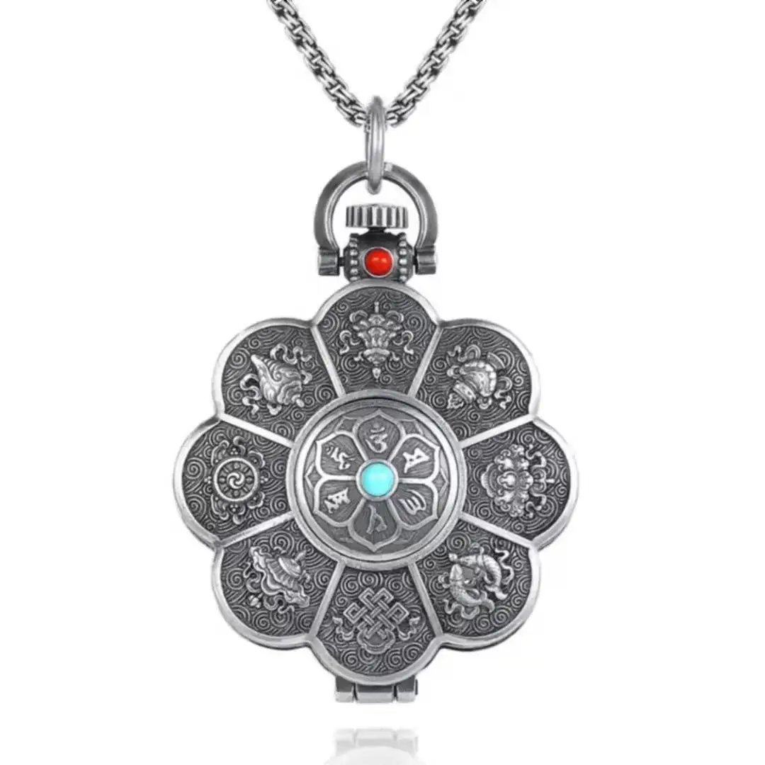 Vintage Ethnic Style Auspicious Eight Treasures Pendant Necklace Mantra Gawu Box Necklace Good Lucky Jewelry Accessories