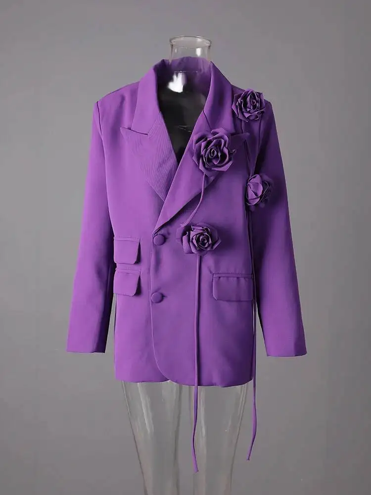TLXT แฟชั่นผู้หญิงสีม่วงสามมิติดอกไม้เบลเซอร์ปกหลวมไหล่เดี่ยวเสื้อสูทฤดูใบไม้ร่วงใหม่