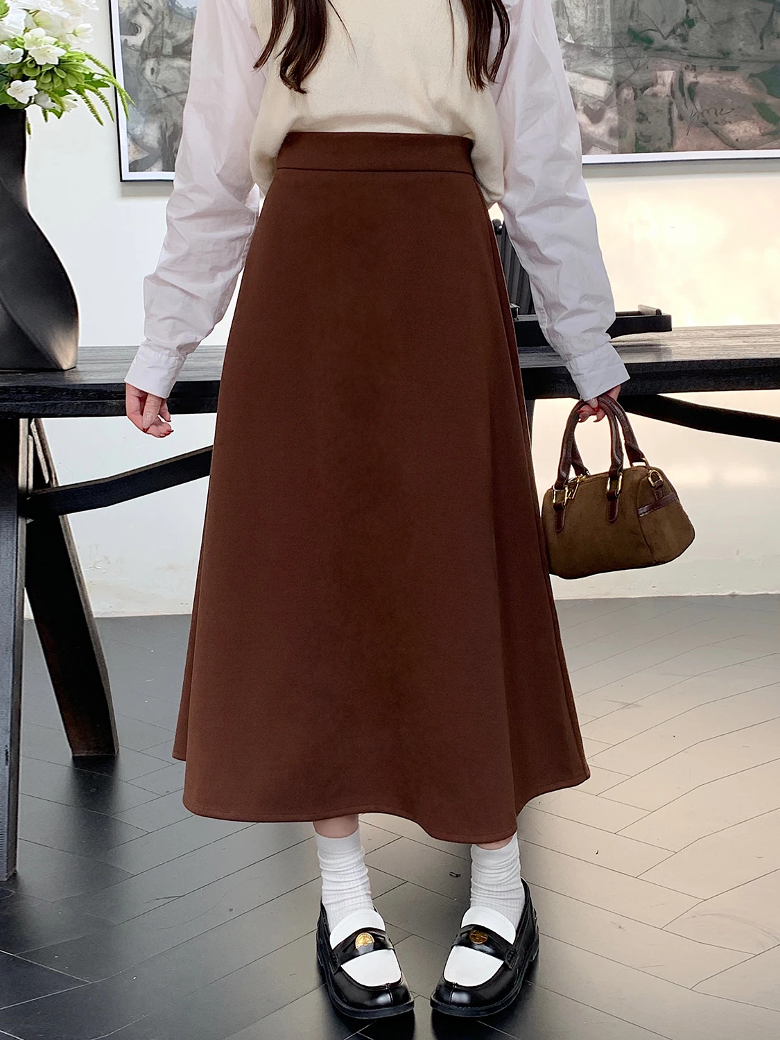 

plus Size Fashion High Waist Woolen A-Line Midi Skirt Autumn Winter New Style Slimming Versatile Lazy Style Half-length Skirt