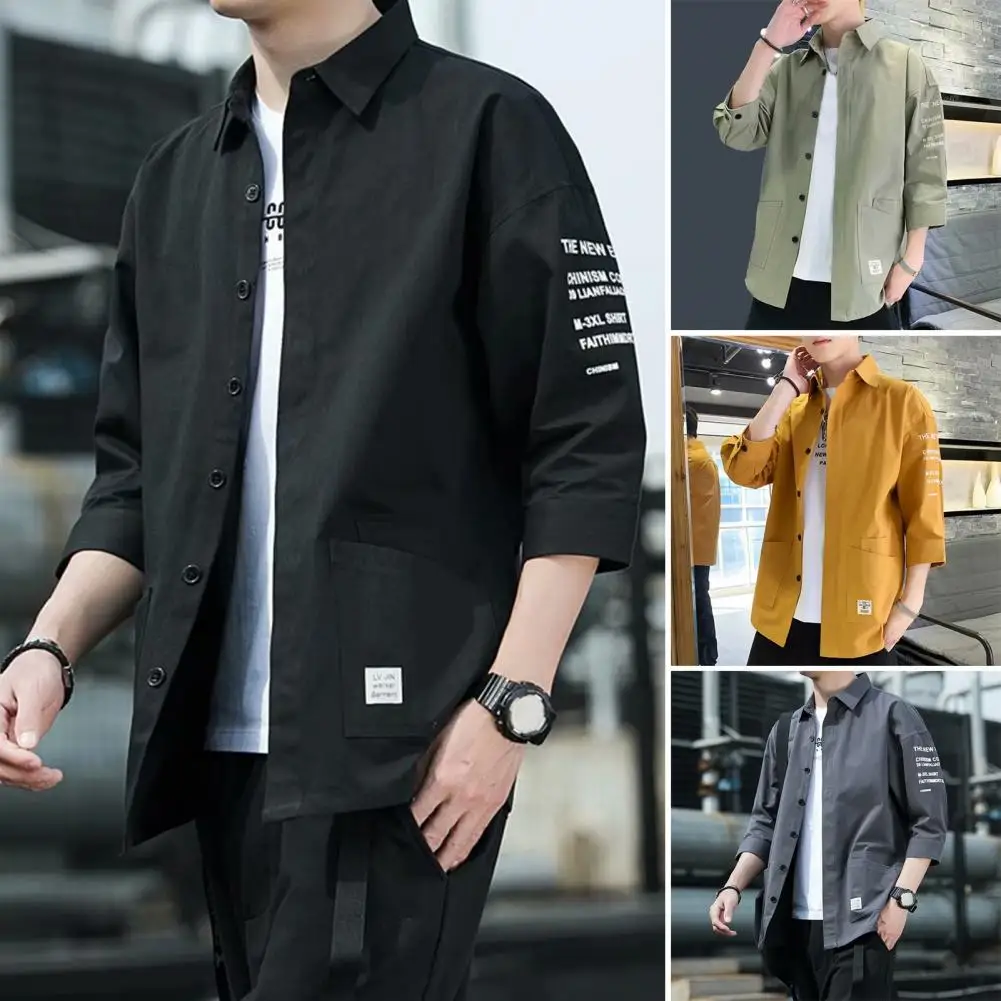 Japanese Style Casual Jacket Men Short-sleeved Shirt Men\'s Japanese Style Casual Cargo Shirt Coat with Turn-down Collar Three