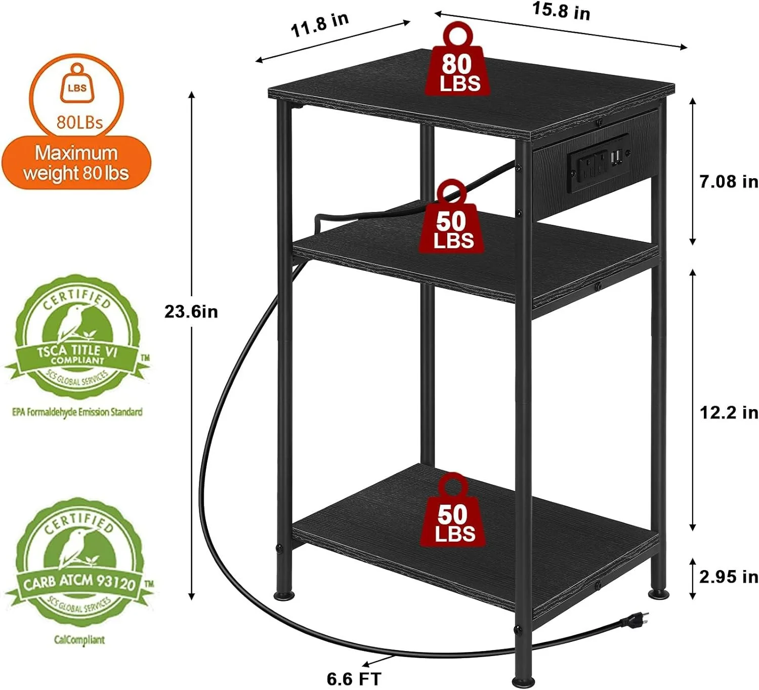 Nightstand with Charging Station,3 Tier Black Nightstand End Table with Storage Shelf,Narrow Side Table with USB Ports