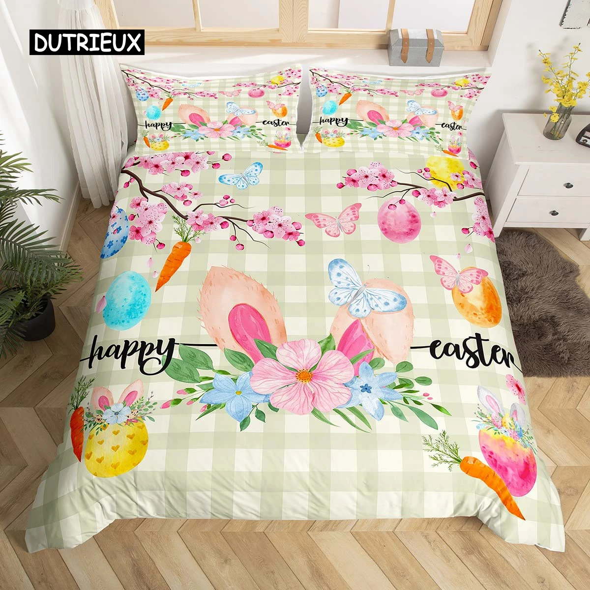 Pink Cherry Blossom Duvet Cover Happy Easter Theme Rabbit Ear Easter Eggs Bedding Set Polyester Butterfly Flower Comforter Cover