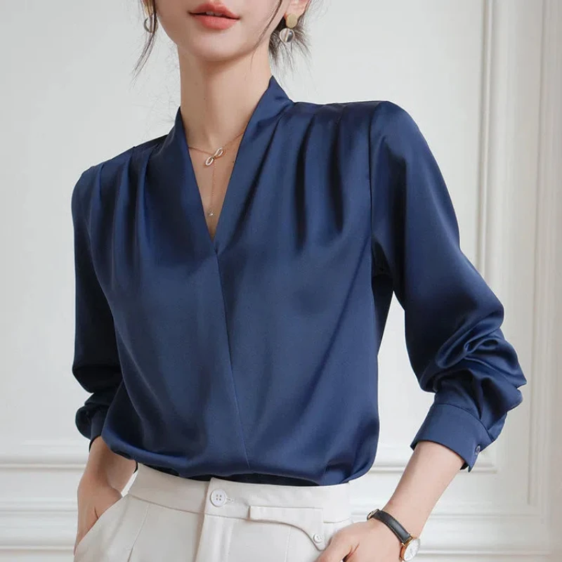 Spring Autumn V-neck Satin Shirt New Blouses Women's Clothing French Commuting Style Simplicity Temperament All-match Y2K Shirts