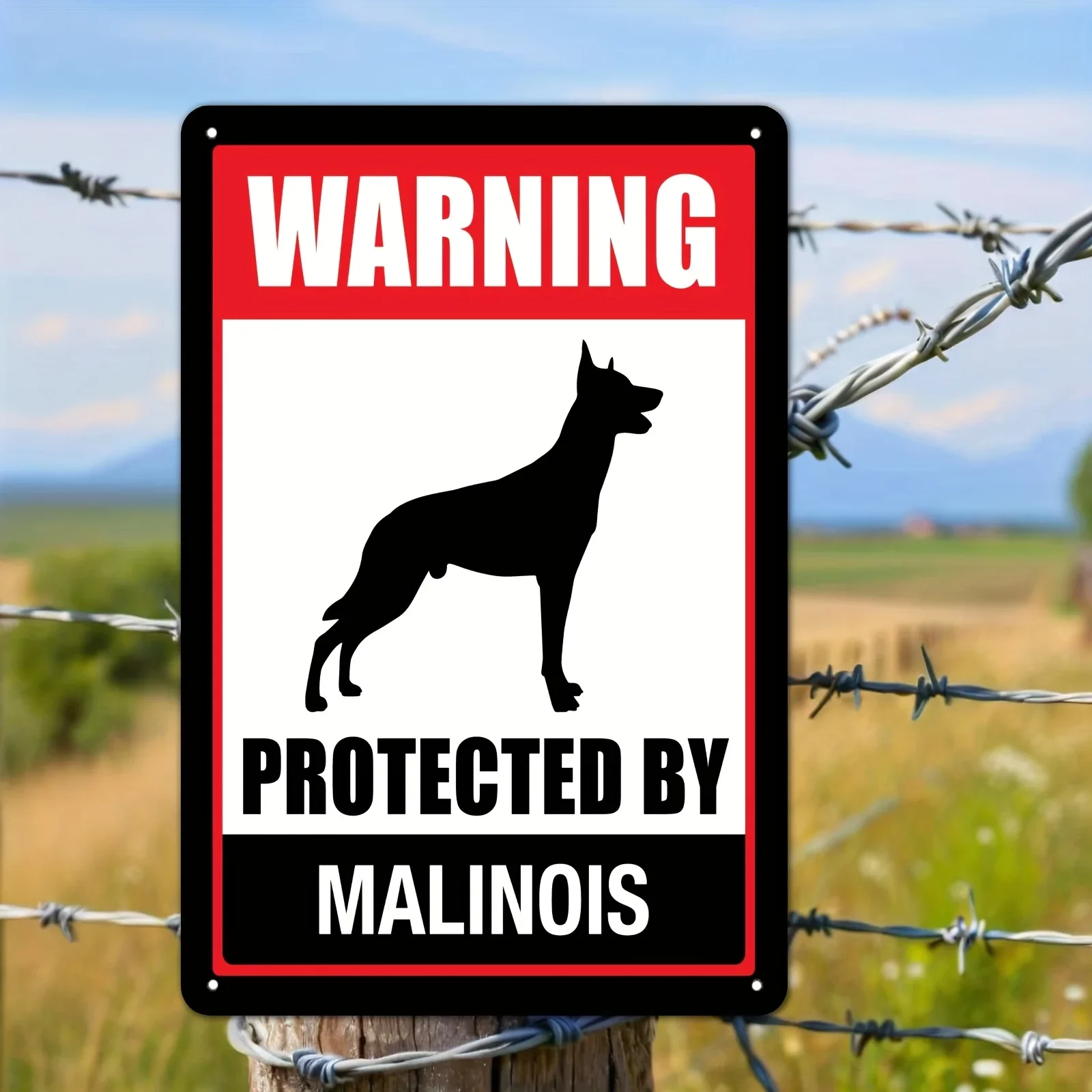 （2D Tin painting）Malinois Warning Tin Sign - Protected by Malinois Dog Design, Red & Black Metal Wall Decor for Kitchen, Bedr