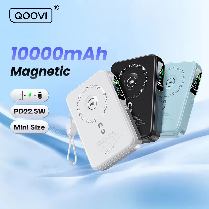 

QOOVI Qi2 10000mAh Wireless Power Bank PD20W Fast Charging External Battery Portable Charger For iPhone Samsung iWatch Airpod