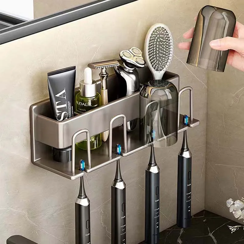 

Toothbrush Holder Aluminium Toothpaste Dispenser Wall Mounted Mouthwash Cup Holder Storage Bathroom Accessories House Organizer