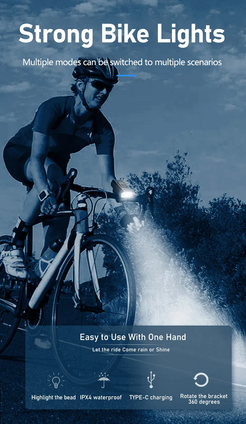 Bicycle Light T6 LED Bike Front Lamp 6 Modes Cycling Lantern Type-C Rechargeable MTB Bike Headlight Flashlight for Night Riding