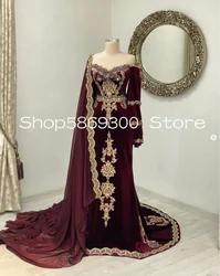 Caftan Morocco Burgundy Velvt Prom Formal Dresses with Veil Gold Applique Kaftan Henna Arabic Evening Gown Outfit Customsized