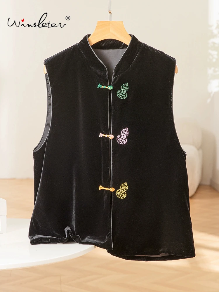 

Элегантный бархатный жилет Winsleter-Bottom из 100% натурального шелка, вышивка-стойка, женский темпераментный жилет в стиле ретро, осень 202, C5O810CC