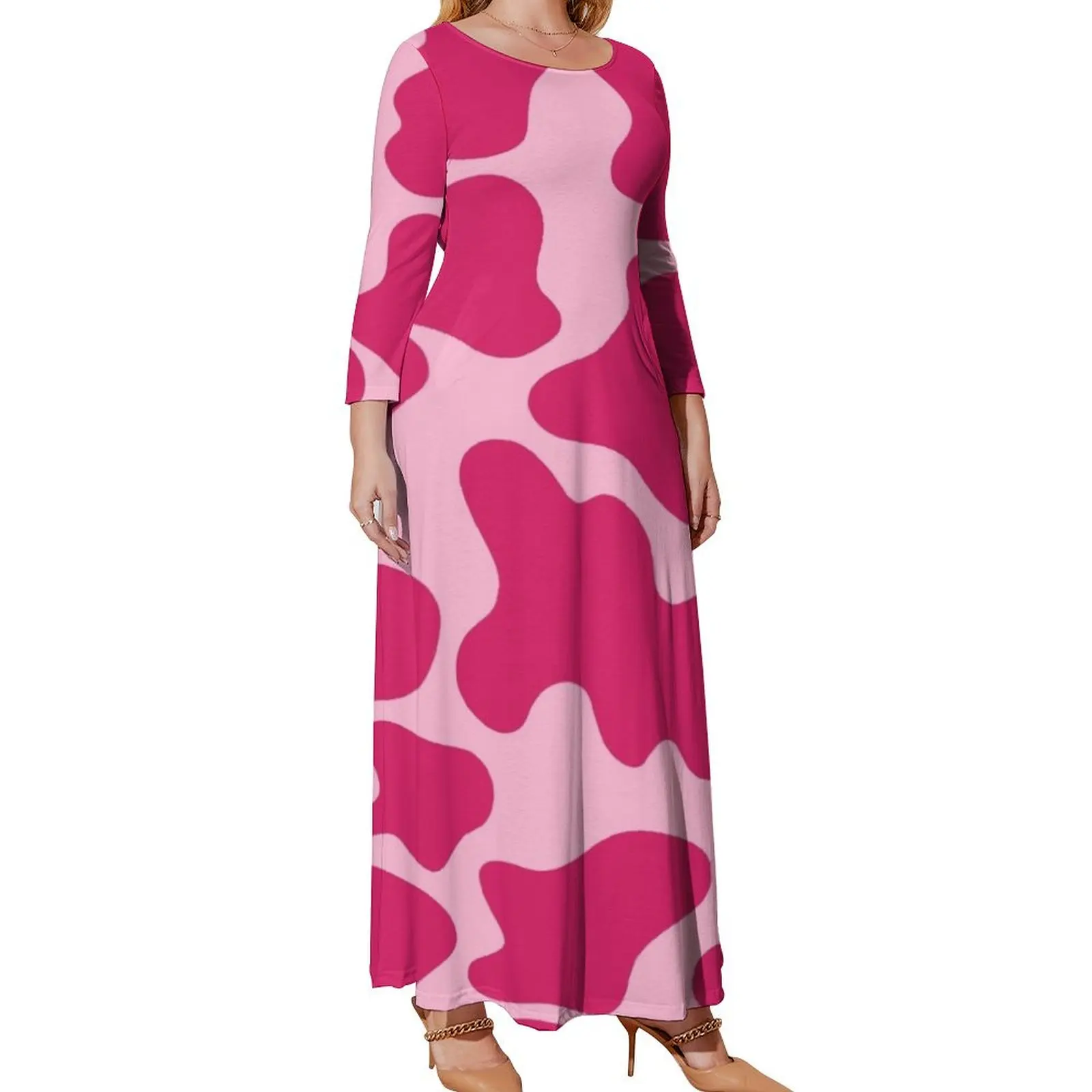 

pink cow pattern Long Sleeved Dress Women long dress Woman dresses evening dress dresses for woman