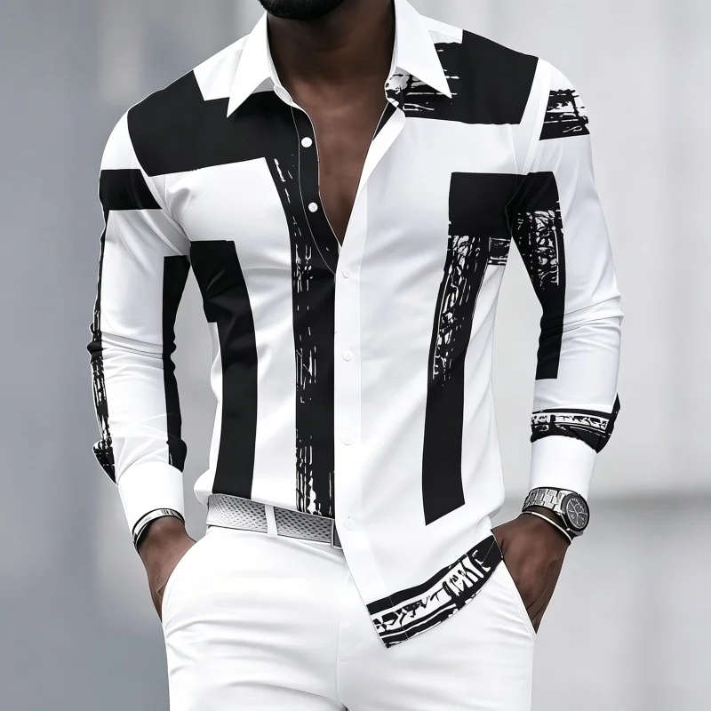 Chemise à manches longues pour homme, à rayures géométriques noires et blanches, col à revers, coupe slim rétro, haut décontracté tendance pour homme