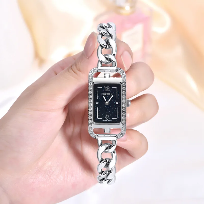 

Simple square starry sky steel bracelet watch for women, elegant and versatile, a timepiece accessory. Original women's watch.
