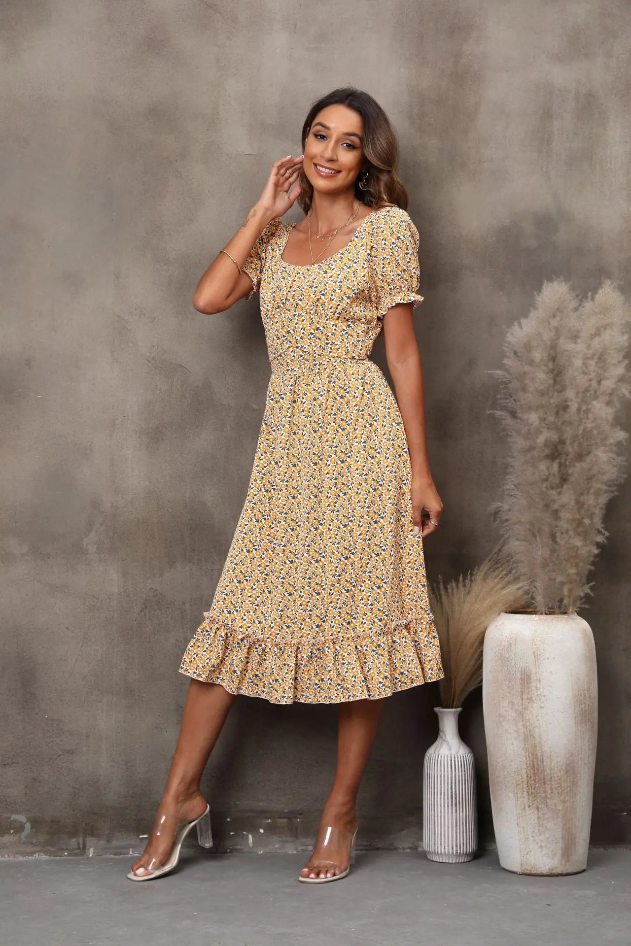 

Spring/summer New Women's U-neck Short Sleeve Floral Dress with Open Back Lolita 2025 Summer Dress Robe Vestido Women Elegant