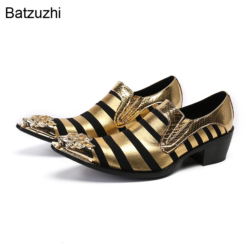 

Batzuzhi 6cm High Heels Men's Shoes Pointed Iron Toe Golden Leather Dress Shoes Men Slip-on Business/Party and Wedding Shoes Man