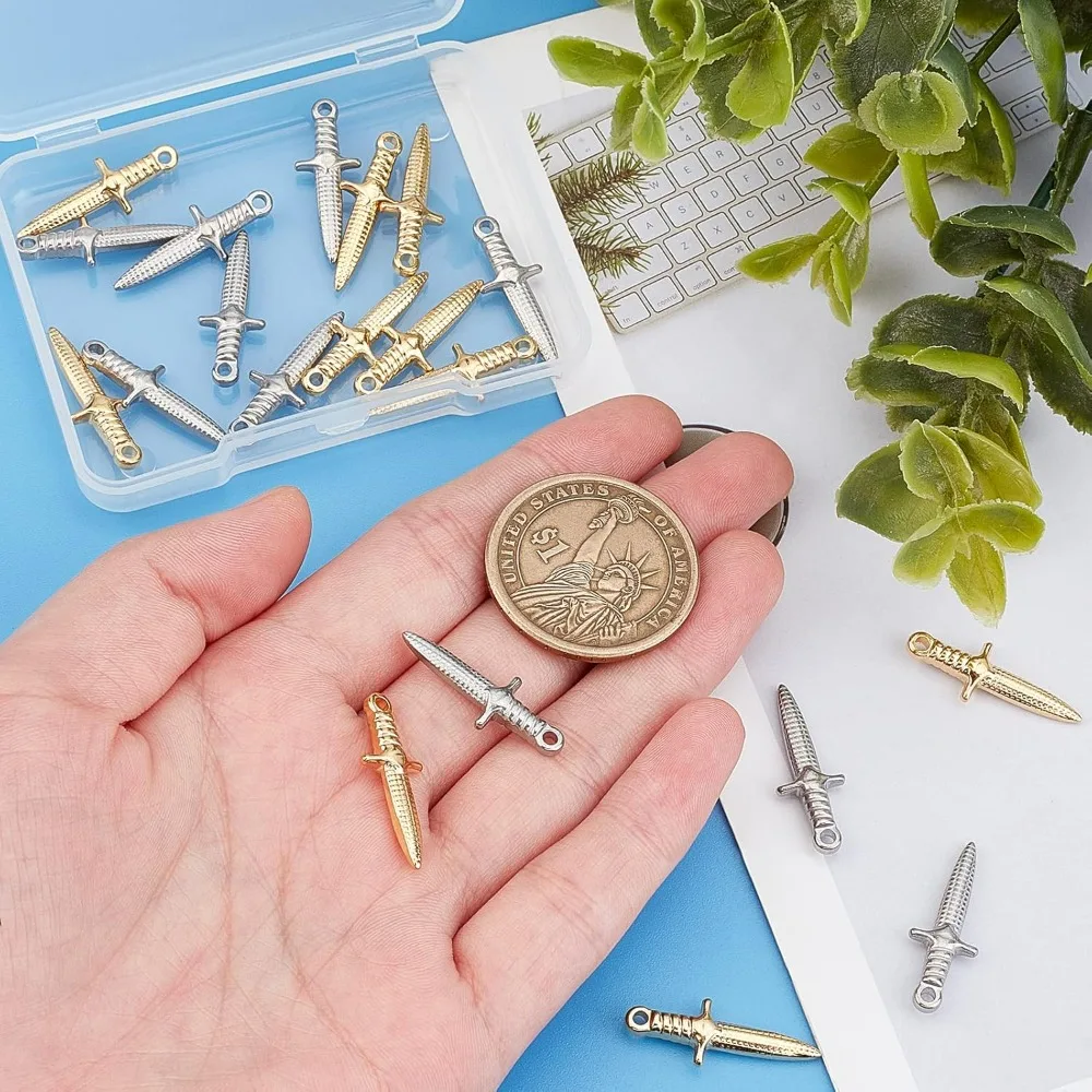 20Pcs 2 Colors Dagger Charms Mini Sword Pendants Golden Punk Charms Stainless Steel Pendant Jewelry Making Charms for DIY Craft