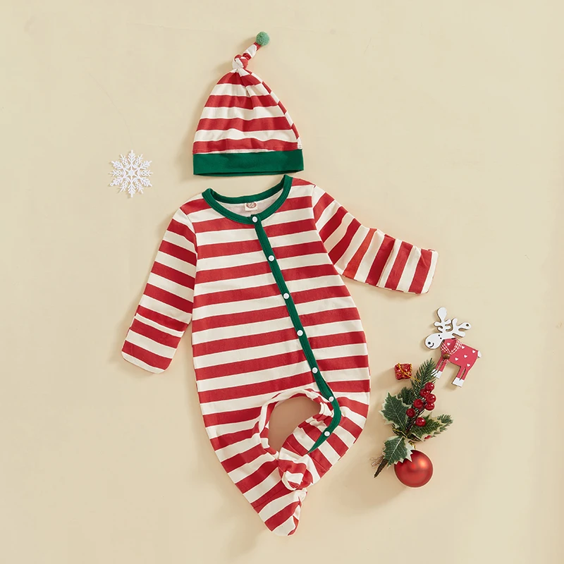 0-24M Baby Boy Christmas Romper Casual Striped Print Button Long Sleeve Jumpsuit with Hat for Infant Toddler Fall Outfit