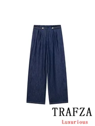 TRAFZA Vintage Casual Chic Women Denim Pants Solid Pockets Straight Loose Long Pants New Fashion 2024 Autumn Female Trousers