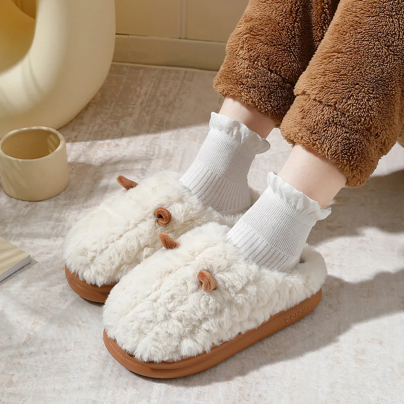 Plush cotton slippers women's winter thick bottom non-slip warm cute three-dimensional ears plush slippers men's winter