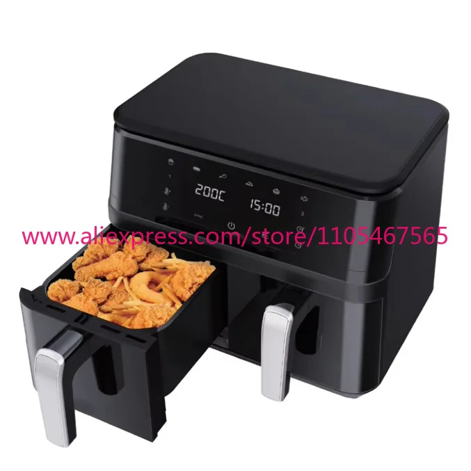 Multifunctional 12-liter visual air fryer, stainless steel dual-basket type, pull-out design, 60-minute timer, adjustable