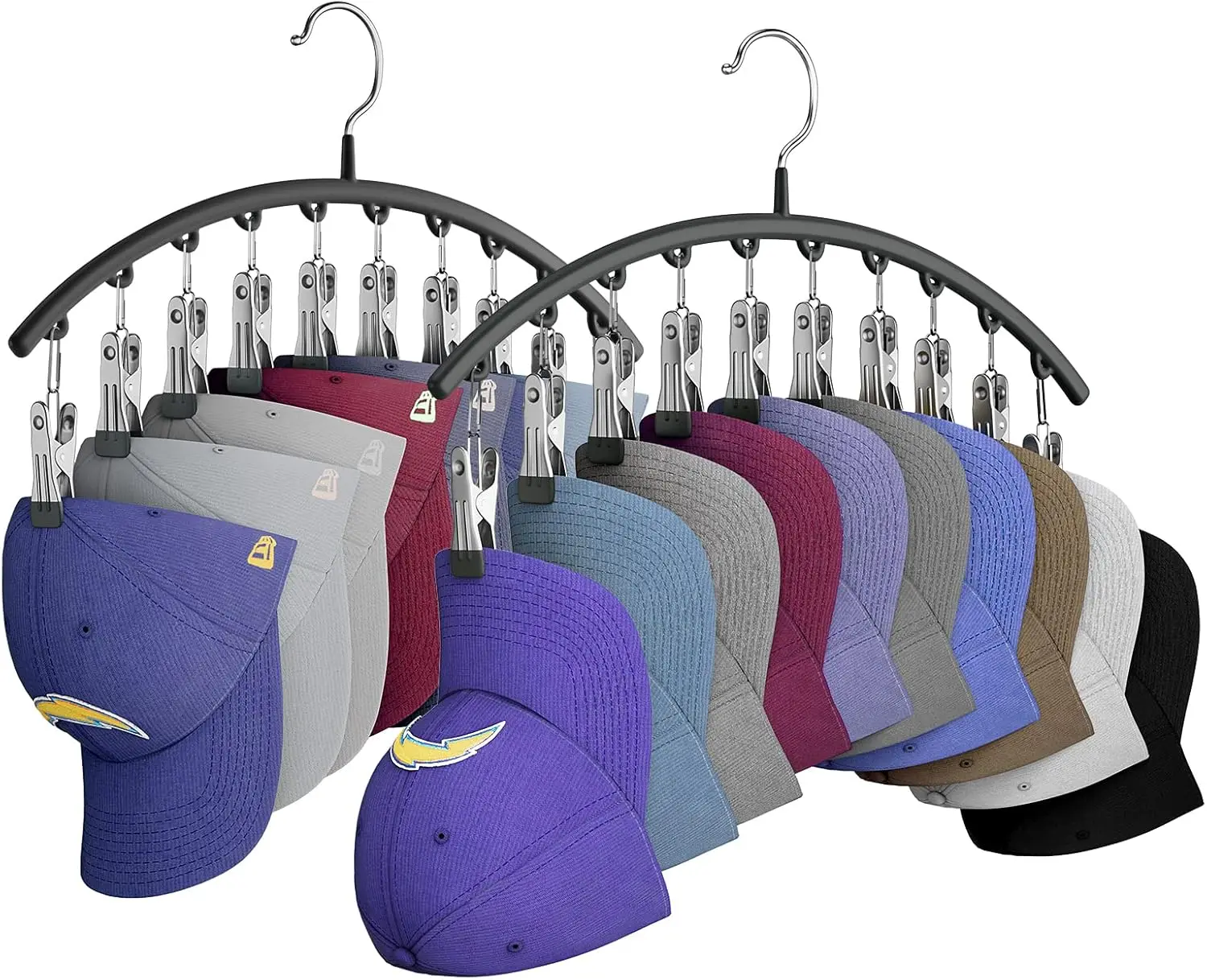 

Hat Hangers for Closet, Metal Hats Organizer Racks for Base Ball Caps 2 Pack Door Hats Racks for Baseball Cap with 10 Large Clips, Baseball Hat Holder for Closet Storage, Fits All Cap-Black