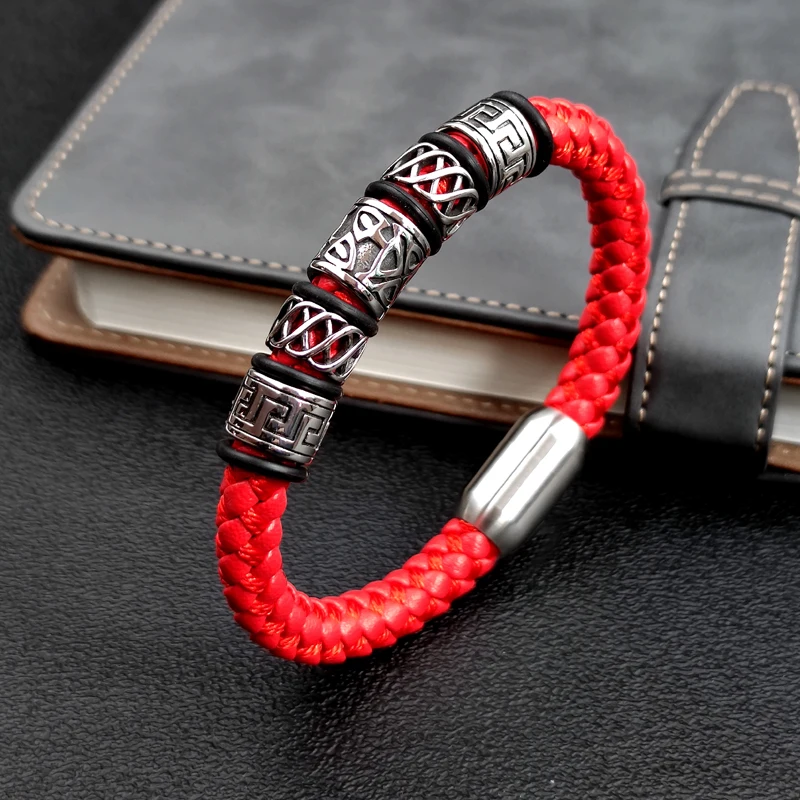 Fashionista Men Red Coffee Black Blue Leather Bracelet 316L Stainless Steel Viking Bead Bracelet Strong Magnet Clasp in 4 Colour