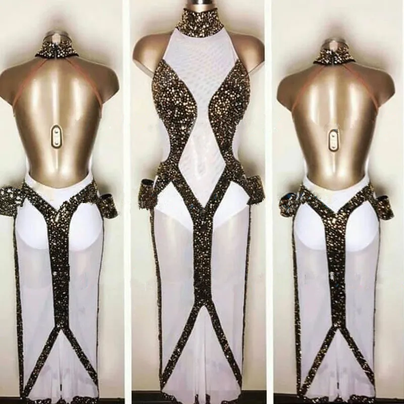 Women Rhinestone sexy backless Dance Wear White see thought Latin Dance Dress Salsa Tango ballroom dance long dress