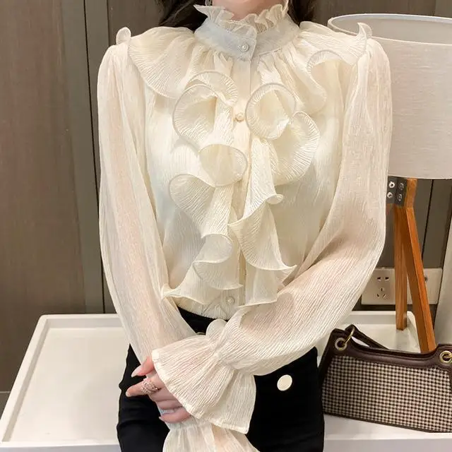 

Lotus leaf edge long-sleeved chiffon shirt super fairy solid color commuting age reduction 2025 spring autumn top women