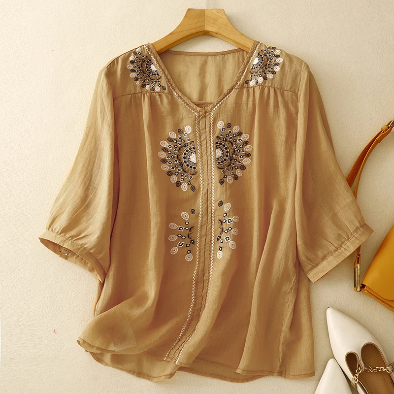 

NYFS 2025 Summer New Vintage Woman Tops Loose Cotton Linen All-Match embroidery Short Sleeve Shirt