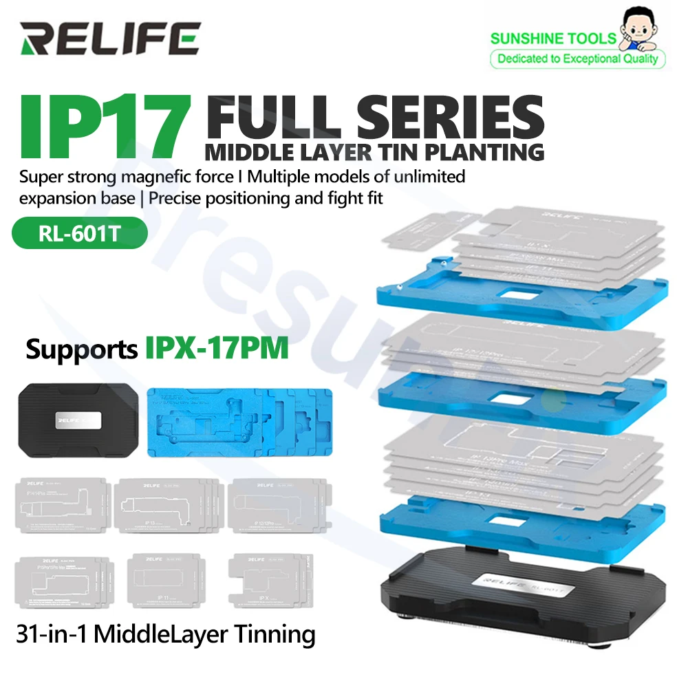 

Паяльная платформа RELIFE RL-601T 31-в-1 для средних слоев, поддерживает серию IP17, для ремонта iPhone X-17, набор инструментов для пайки