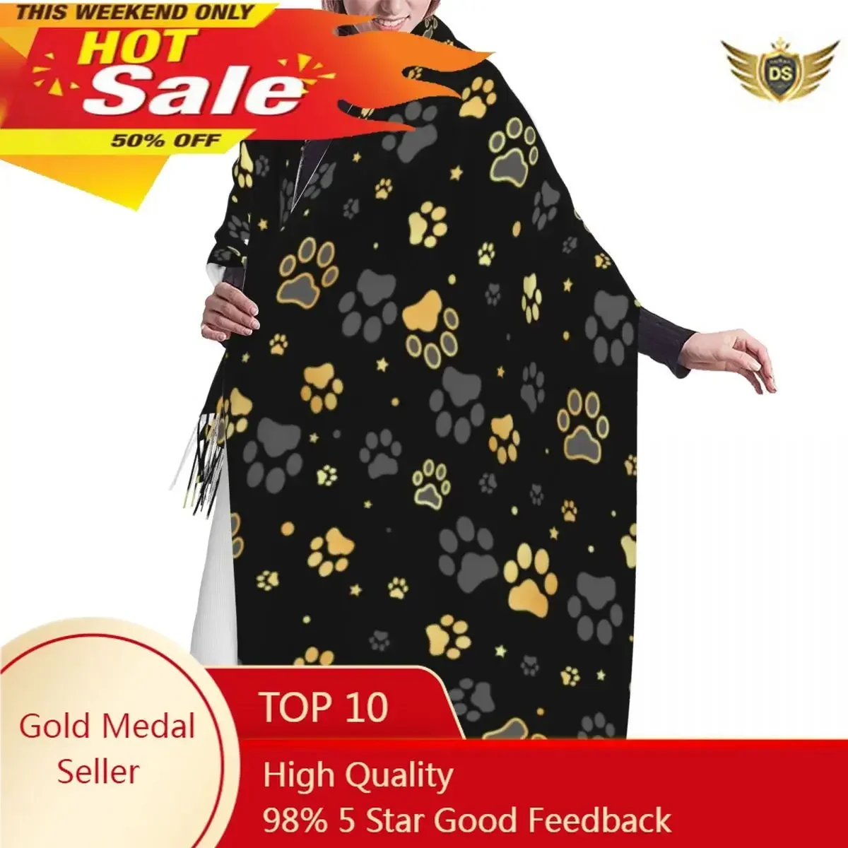 

Autumn Winter Warm Scarves Gold Dog Paw Print And Star Fashion Shawl Tassel Scarves Wrap Neck Headband Hijabs Stole