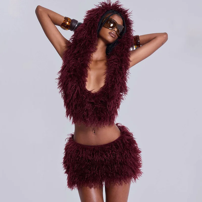 

Sexy Fur Hoodie Tops 2 Piece Skirt Sets Winter Fall Outfits Y2K Streetwear Crop Tops Fashion Mini Dress Two Piece Skirt Set