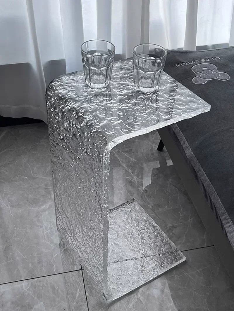 15mm Thick Acrylic Table C-shape Side Table Transparent Water Ripple / Stone Texture End Table Bay Window Small Coffee Tables