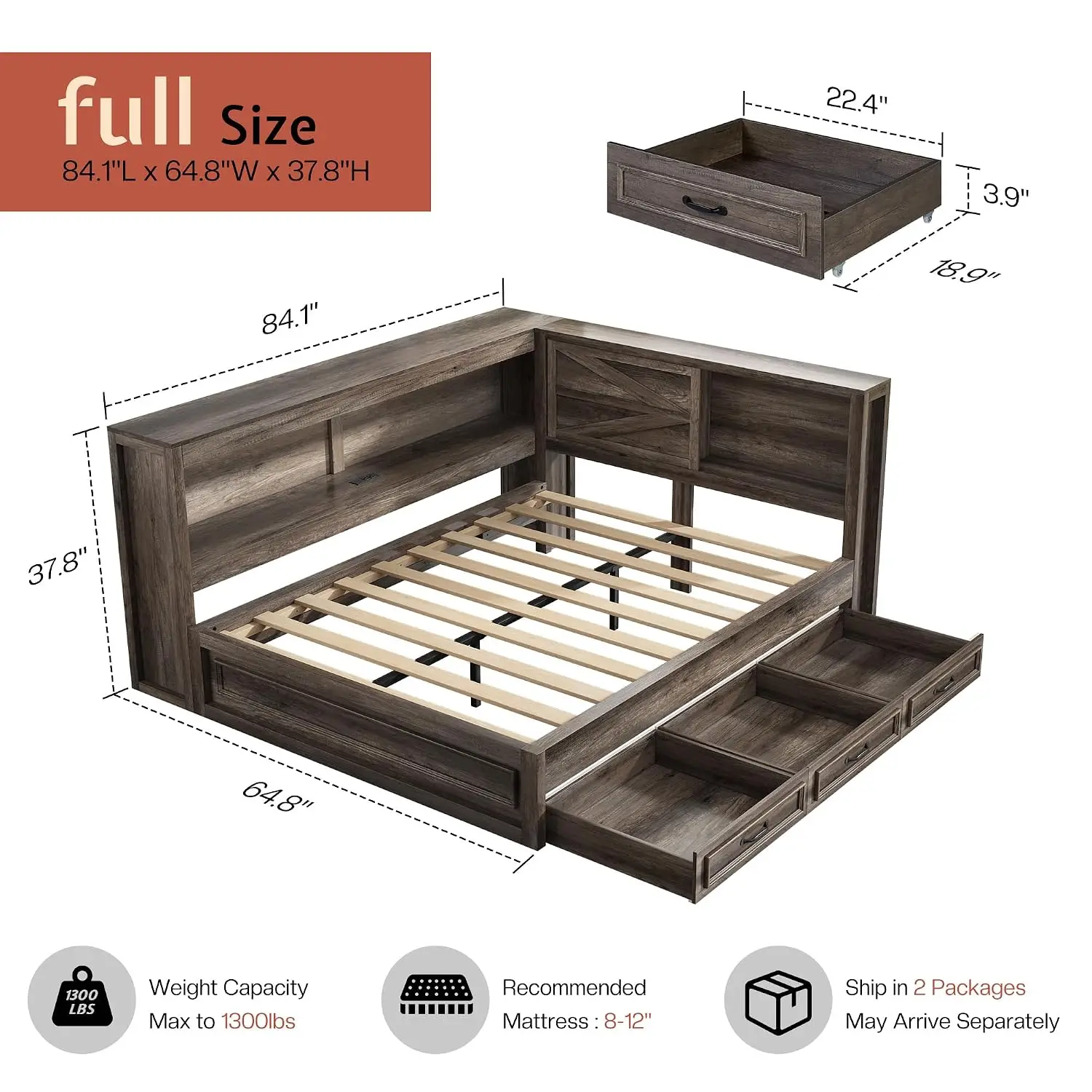 Corner Bed Frame with Bookcase & Drawers, Gray Barn Door Charging Station RGB LED Lights Reversible No Box Spring, Customized