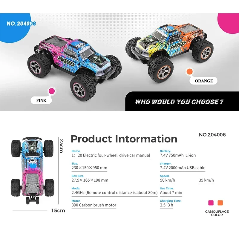 WLtoys 204006   1:20 Samochód zdalnie sterowany 2.4G 4WD z oświetleniem LED Drifting Car 50KM/H Pojazd terenowy Zdalnie sterowany samochód Zabawka