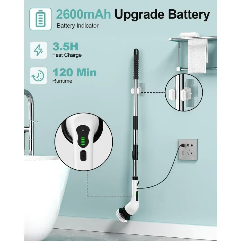 Электрический вращающийся скруббер для чистки ванной комнаты, беспроводная щетка для чистки душа для плиточной ванны, скребок для ванной комнаты