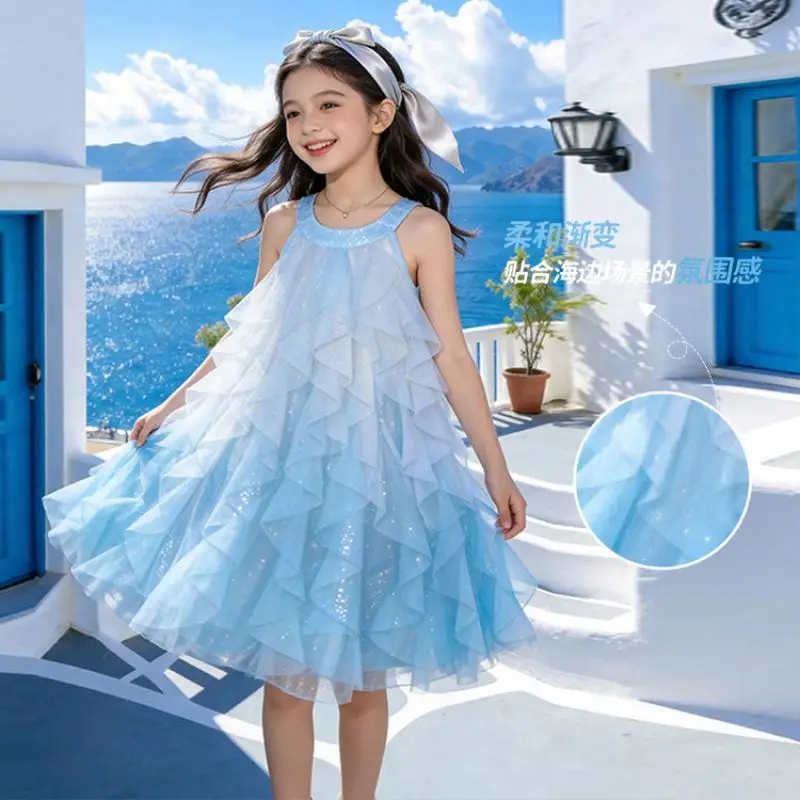 2026 Summer slip kid off shoulder party mesh princess Girls waves Ocean lace Teenager halter dress gradient 4 8 10 12 14 Years