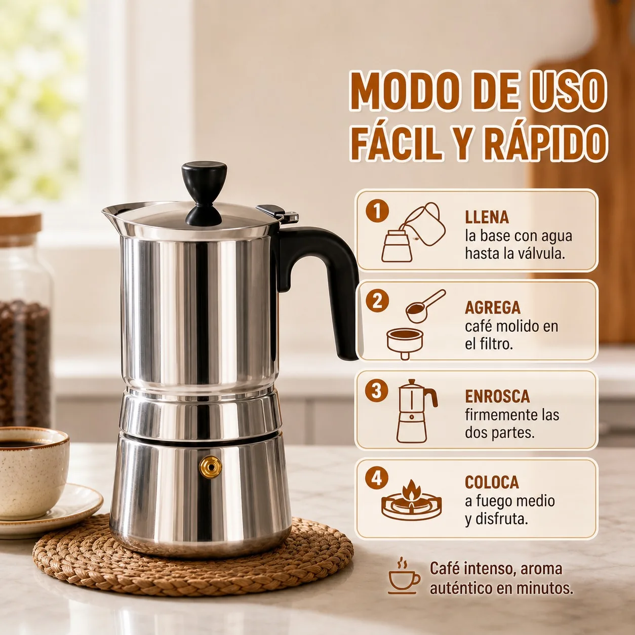 Cafetera Italiana de Acero Inoxidable para Inducción, Moka Pot de 300ml para 4 Tazas, Cafetera Espresso Manual con Mango Ergonómico y Válvula de Seguridad, Diseño Premium 18cm