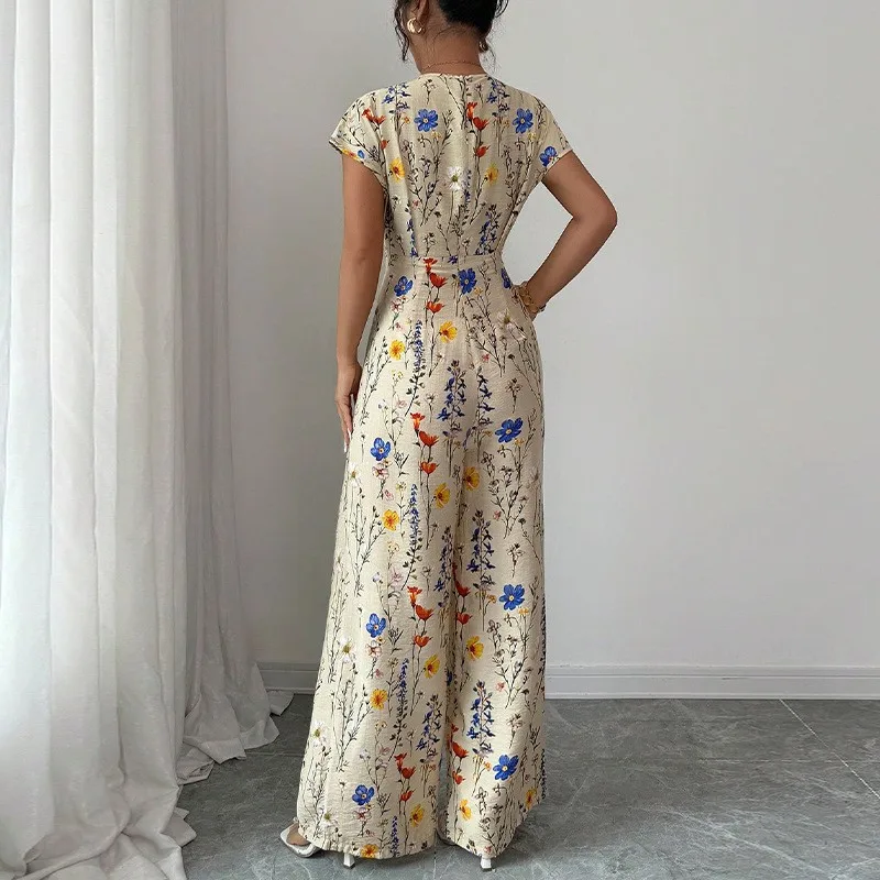 Women's Spring and Summer Jumpsuit Classic Elegant Fresh Flower Print Short Sleeve High Waist Wide Leg Jumpsuit
