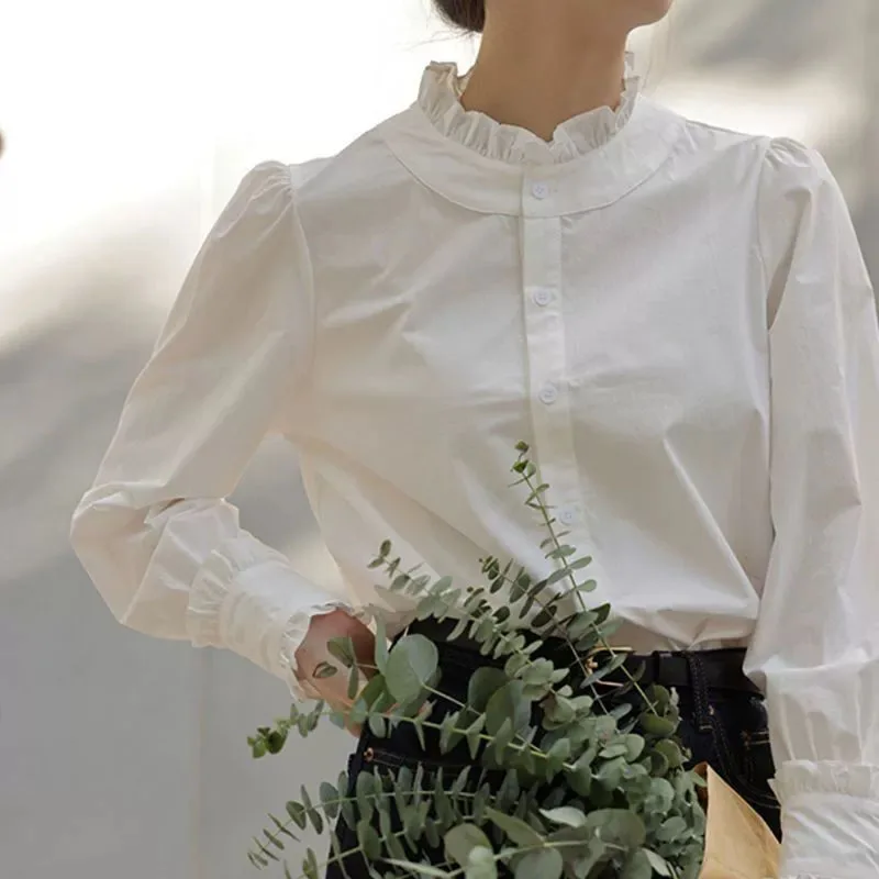 

Spring Summer Women Shirts Fashion Stand Collar Ruffles Chiffon Blouses Ladies Elegant French Style Longn Sleeved White Shirts