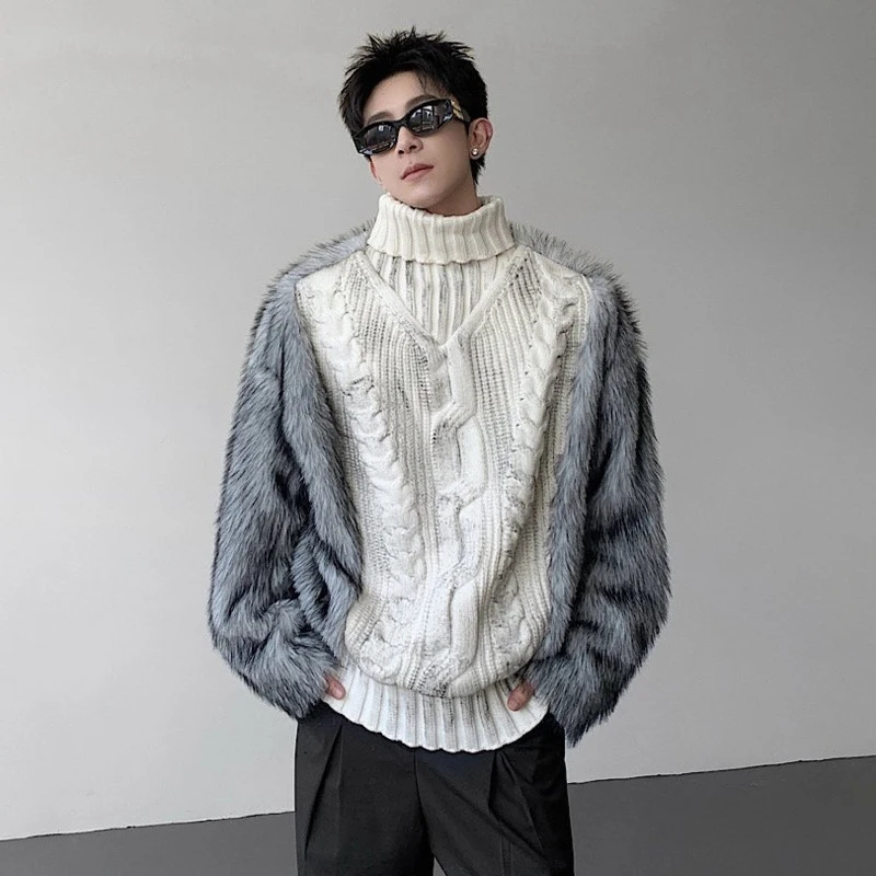 LUZHEN Splicing New Original Tie-dyed Faux Fur 2026 Winter Design Knitted Turtleneck Men Fashion Street Sweater Pullover JY9131