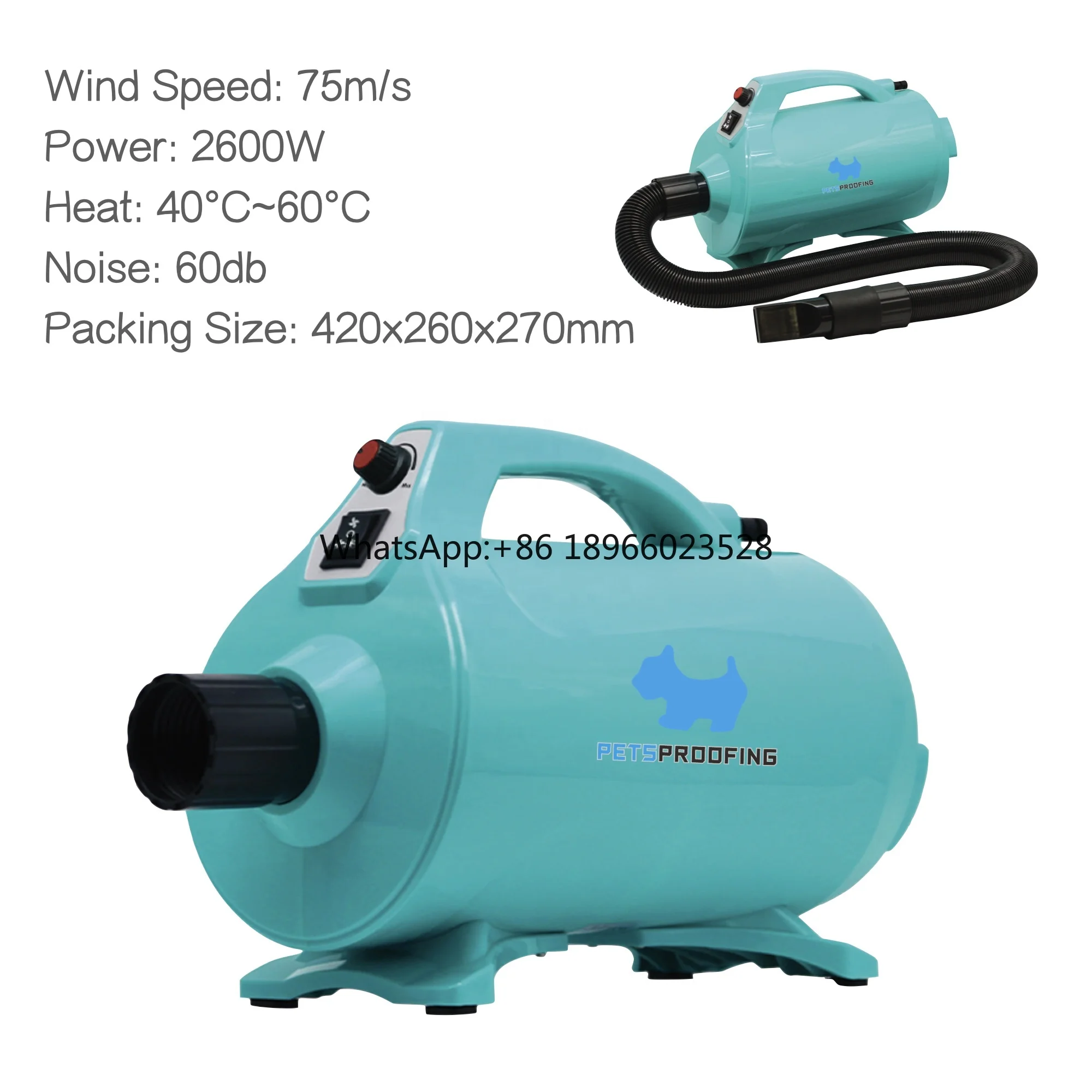 Petsproofing Portable High Power Pet Hair Dryer Hair blowing artifact water blower for dogs and cats