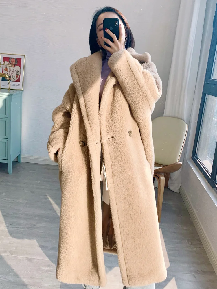 

New Luxury Women Teddy Bear Coat Camel Fleece Mid-length Loose Silhouette Real Fur Coats Fashion Female Clothing Autumn Winter