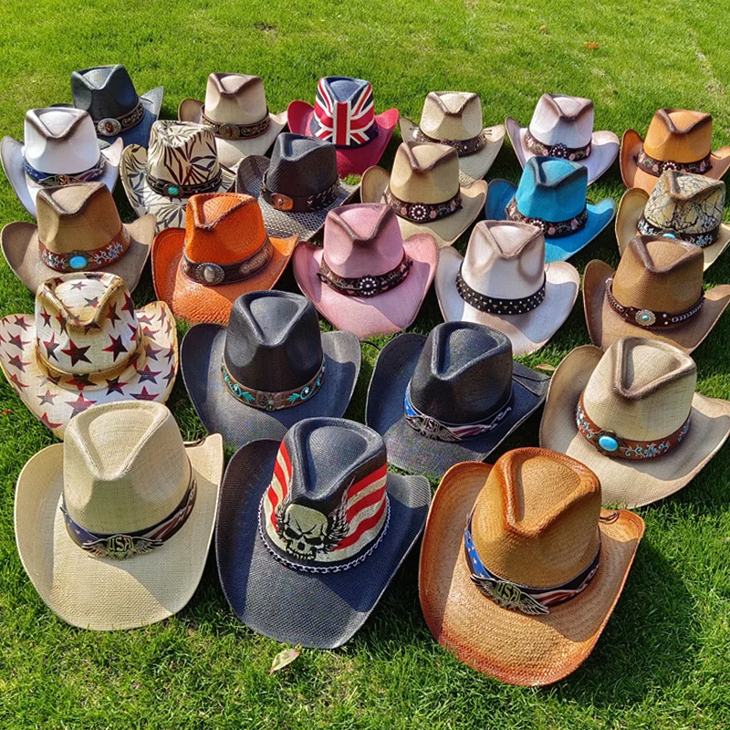 Thickened Western Cowboy Hat Vintage Sticker Straw Hat 2024 New Men's and Women's Jazz Large Cowboy Hat Straw Hat Sun Hat Summer