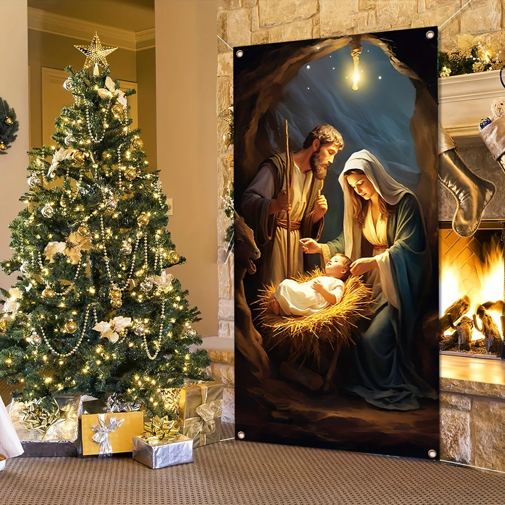 Jesus Theme Photography Background with Luminous Stars Crib Durable Door Cover Decoration New Year\'s Party Props Gift Supply