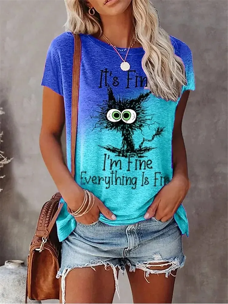 Camisetas con estampado 3D de gatos de dibujos animados para mujer, ropa de calle informal a la moda, camiseta de manga corta con cuello redondo,