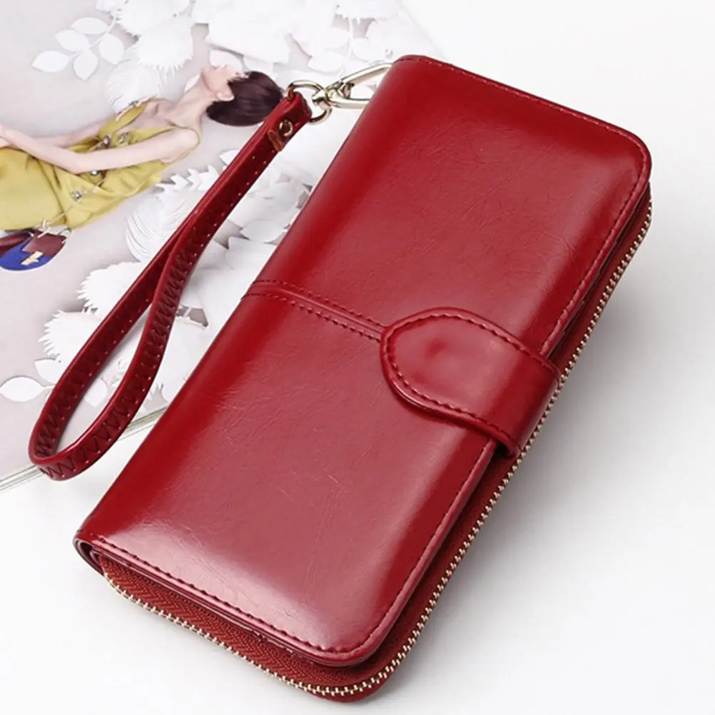 1Pcs Oil Wax Women Long Wallet Stylish Functional Credit Card Id Passport Holder with Lanyard Zipper Buckle for Daily
